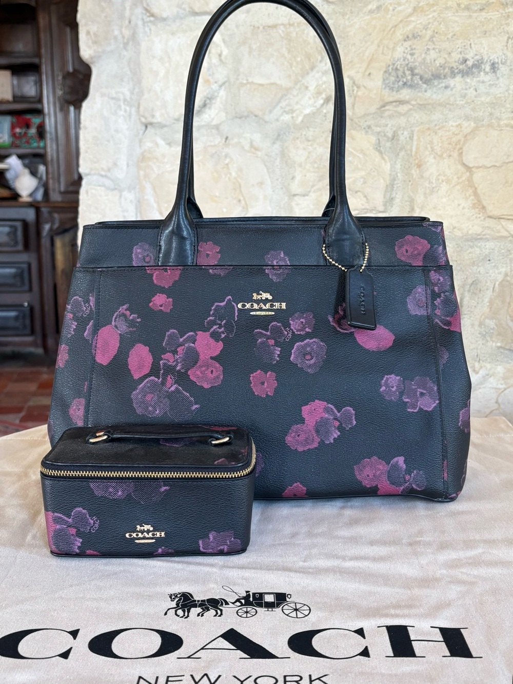 Coach Black Leather Floral Satchel with Purple and Magenta Accents
